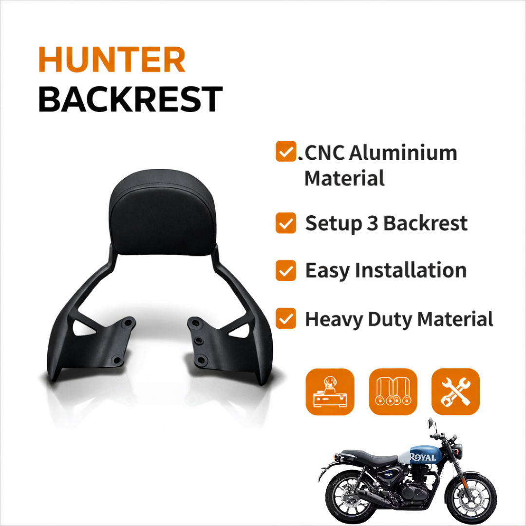 B.K ACCESSORIES Bike Back Rest With Cushion Setup 3 Aluminium Metal For Royal Enfield Hunter Model