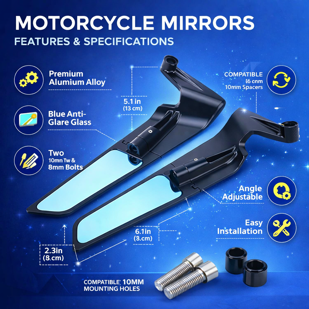 B.K ACCESSORIES Universal Motorcycle Bike Mirrors Set Adjustable Rotating Rear View Mirror Stealth W